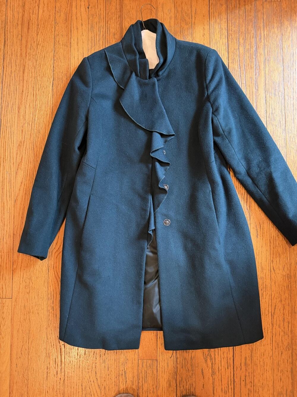 DKNY Coat Womens 12 Green Wool Blend Ruffle Front Snap Button Long Jacket